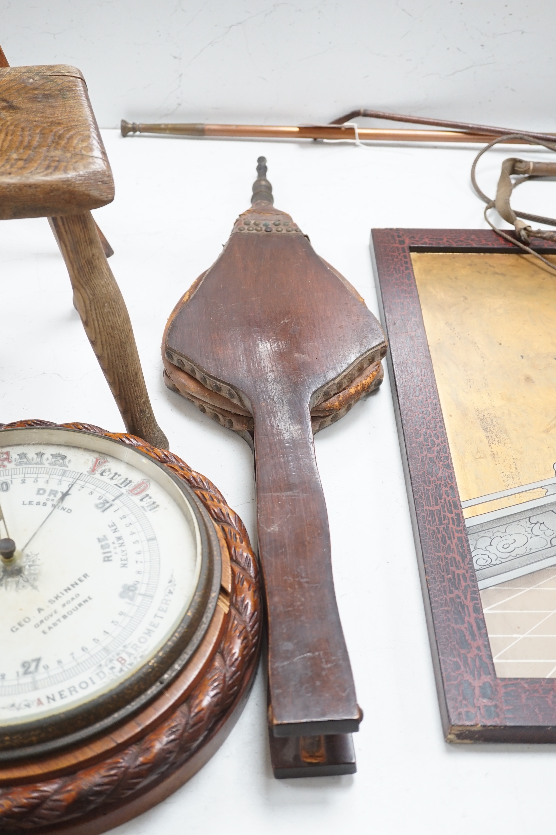 A Victorian oak rope-twist barometer, bellows, a stool and a shooting stick, largest shooting stick, 76cm high